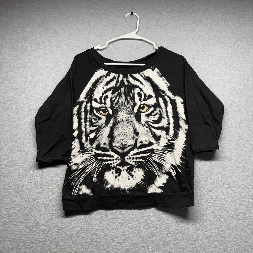 Freeze‎ Womens Tiger Graphic 3/4 Raglan Sleeve Scoop Neck Black Top Size M 7-9